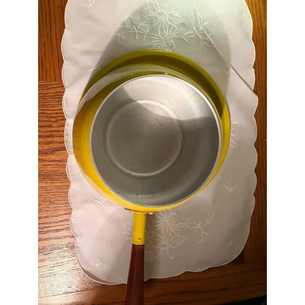 Vintage 1970s Mustard Yellow Enamel Fondue Pot with wood handle and drip tray